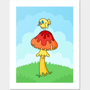 Tiny Bird On a Magical Mushroom Posters and Art